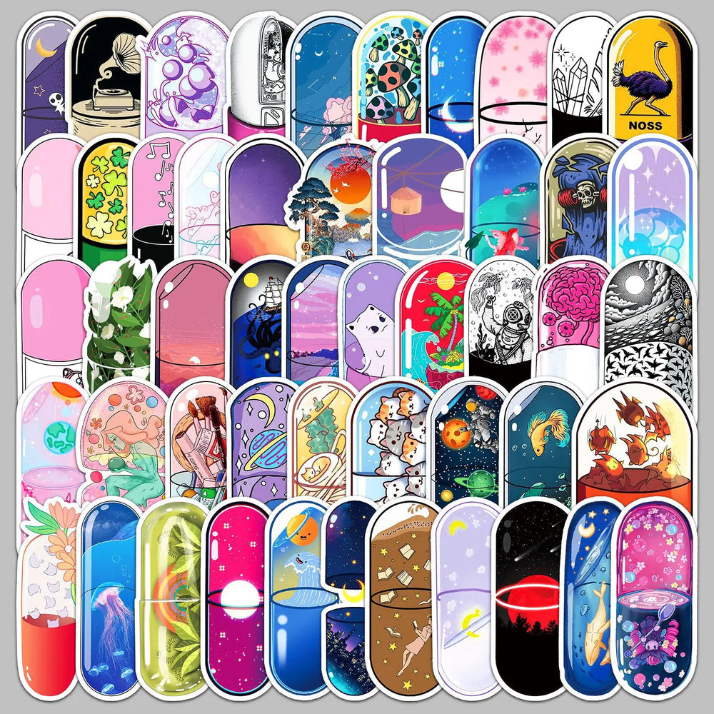 50Pcs Cartoon Capsule Graffiti Stickers for Helmet, Wall, DIY Decor (ONLINE ORDER ONLY)