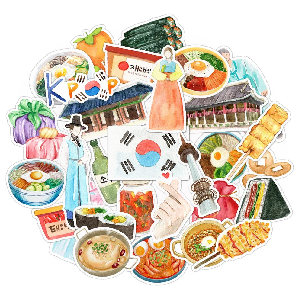 Set of 30 Watercolor Korean Travel Food Sticker Pack for Scrapbooking,  Journal, Planner, Laptop and Water Bottles, DIY Craft (ONLINE ORDER ONLY)
