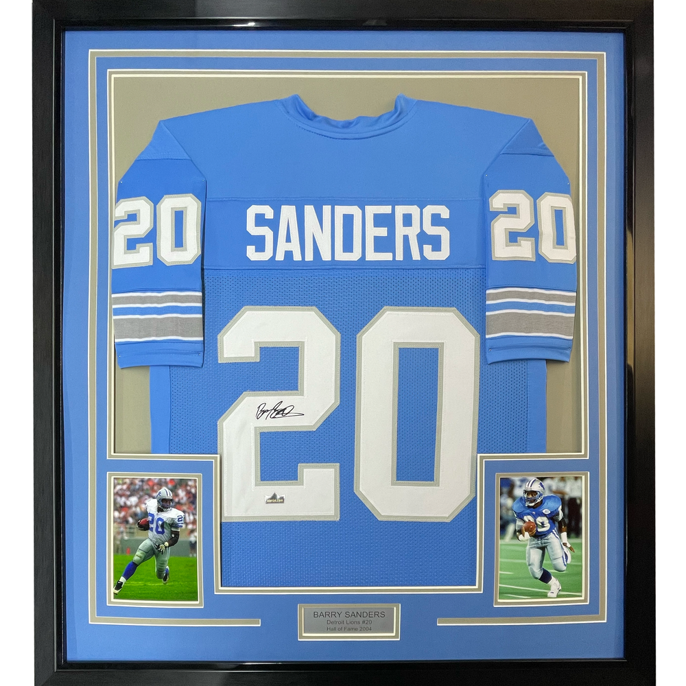 Framed Facsimile Autographed Barry Sanders 35x39 Detroit Blue Reprint Laser Auto Football Jersey Size Men's XL (ONLINE ORDER ONLY)