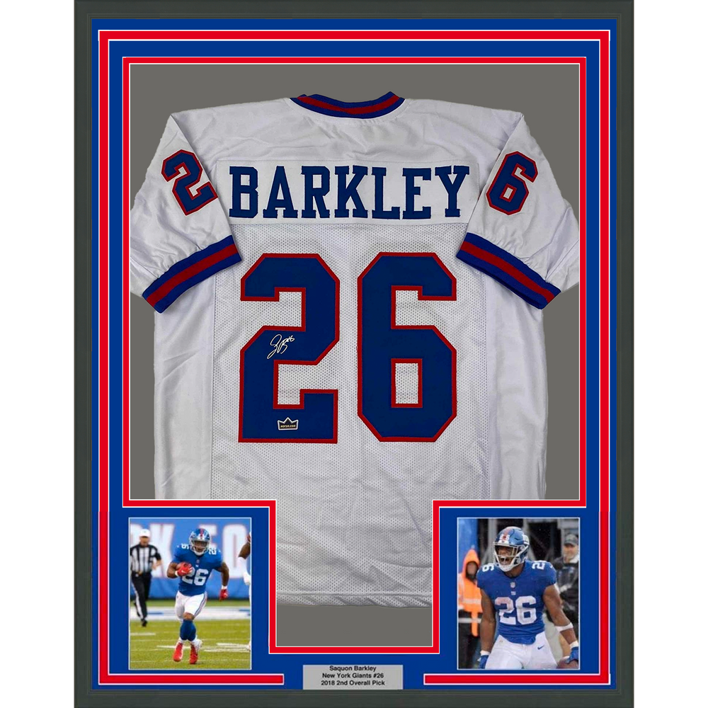 Framed Facsimile Autographed Saquon Barkley 35x39 New York Color Rush White Reprint Laser Auto Football Jersey (ONLINE ORDER ONLY)