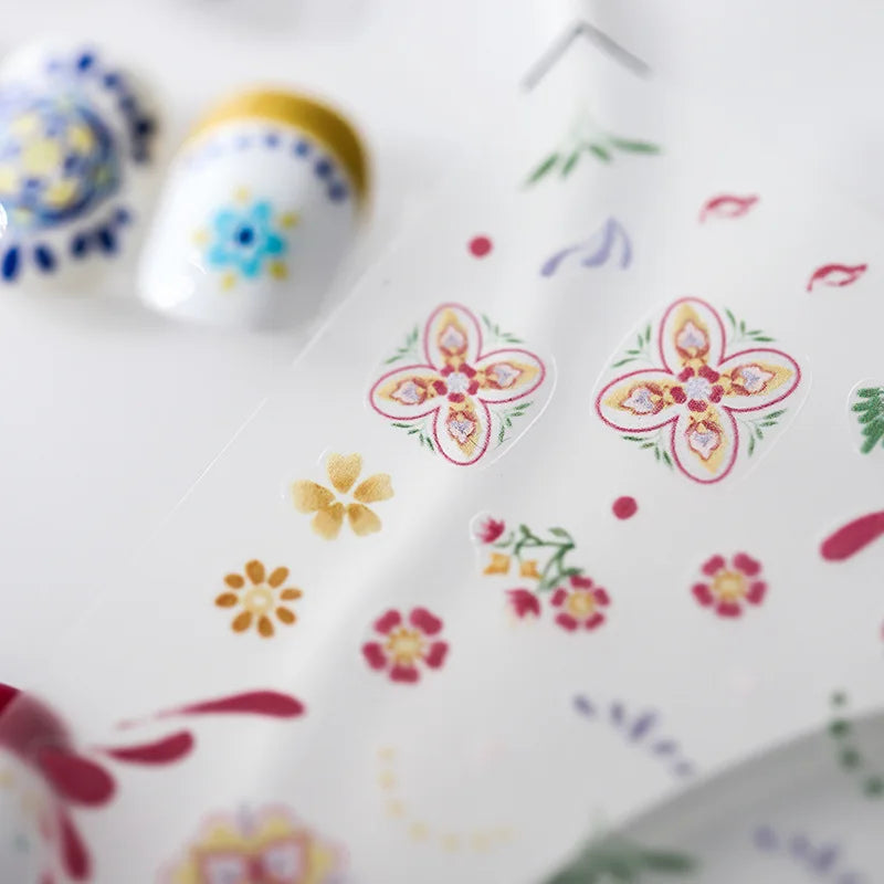 Pink Blue Yellow Embroidery Totems Geometric Floral Pattern Flower 5D Embossed Nail Art Stickers Bohemian Style Manicure Decals (ONLINE ORDER ONLY)