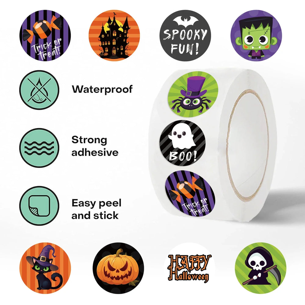 500pcs/Roll Halloween Horror Cartoon Round Sealing Stickers DIY PVC Laptop Decals Decoration Stiker Reward Gift Toys (ONLINE ORDER ONLY)