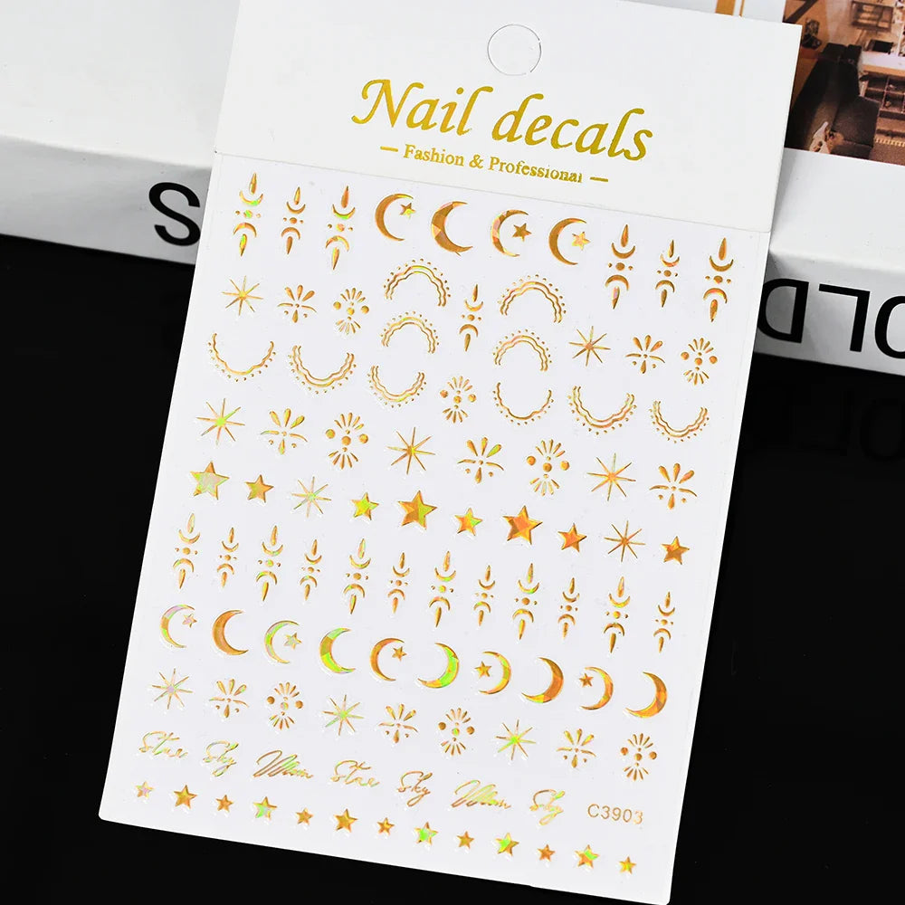 Gold Silver Wing Nail Art Stickers 3D Metal Chain Heart Love Sun Moon Star Gel Polish Adhesive Manicure Slider Decor Accessories (ONLINE ORDER ONLY)