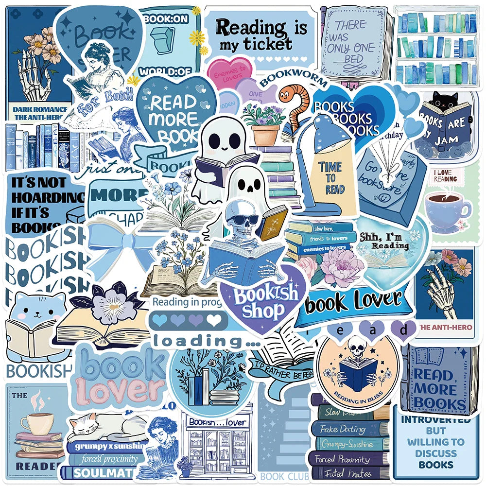 50pcs Cute Cartoon Aesthetic Reading Book Stickers Blue Bookish Sticker For Luggage Laptop Guitar Phone Waterproof Vinyl Decals (ONLINE ORDER ONLY)