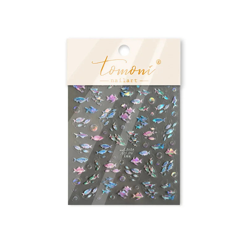 Colorful Shoal of Fish Whale Ocean Shell Conch Starfish Summer Sea Jellyfish Bubble Nail Art Decoration Sticker Manicure Decals (ONLINE ORDER ONLY)