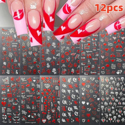 12Pcs 3D Golden Red Glitter Heart Love Nail Sticker Valentine Self Adhesive Cartoon Decal Geometry Lines Stripe Slider Manicure* (ONLINE ORDER ONLY)