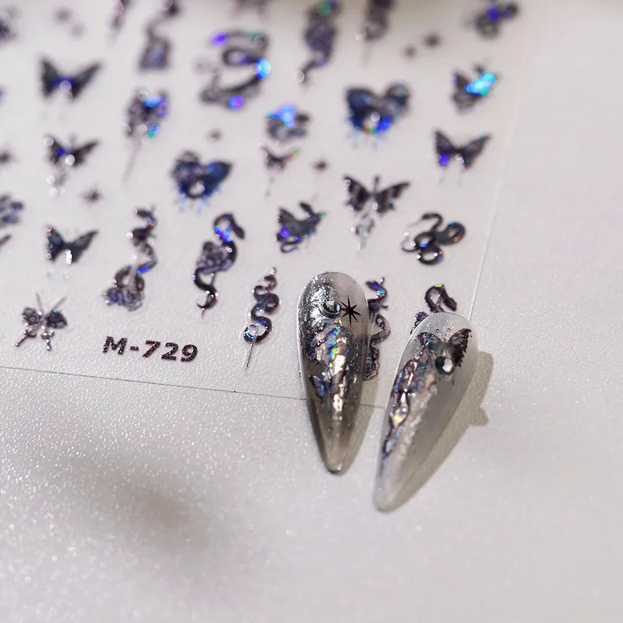 Dark Sword Coiled Snake Cross Butterfly Wing Starburst Starlight Gothic Reptile Animals Nail Art Sticker Festival Manicure Decal (ONLINE ORDER ONLY)