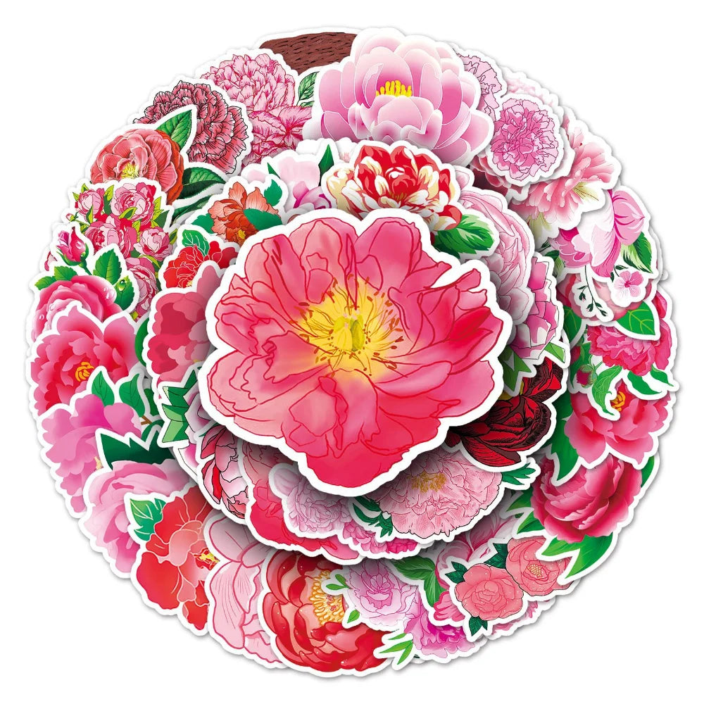 10/50Pcs Peony Stickers Cartoon Stickers Graffiti Decals Waterproof Motorcycle Luggage Guitar Skateboard Kid Gift Sticker (Online Order Only)