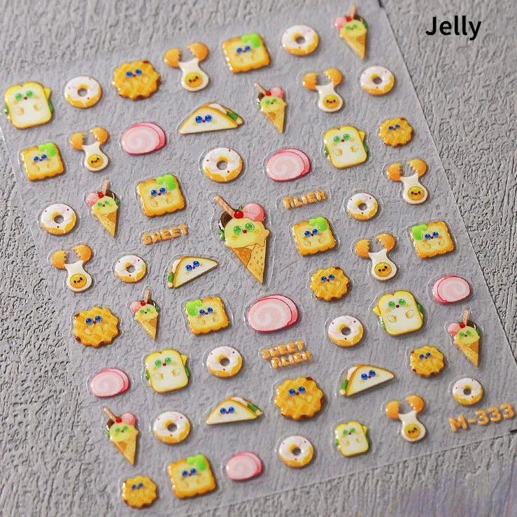 Chic Cute Cheese Ice Cream Pudding Bowknot Strawberry Muffin Stars Cake Embossed Heart Adhesive Nail Art Sticker Manicure Decals (ONLINE ORDER ONLY)