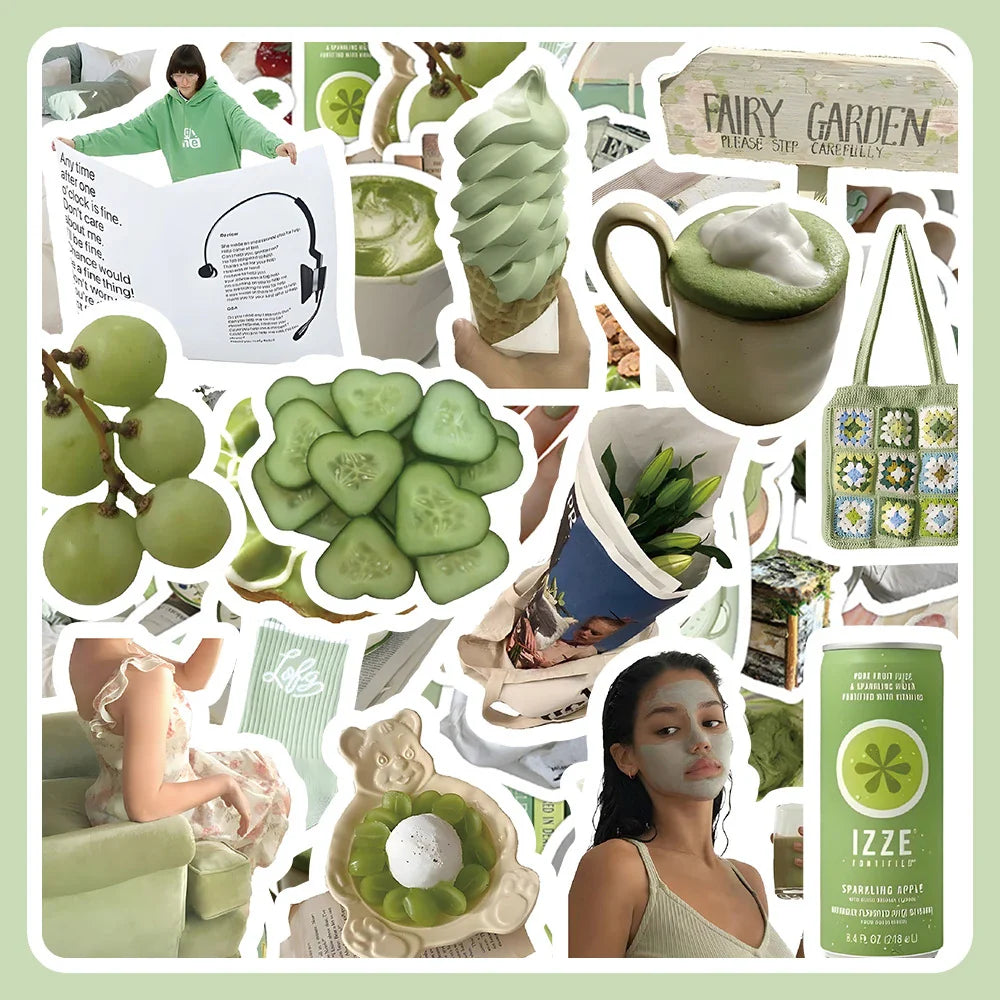 10/30/60PCS Aesthetic Green Stickers Cute Ins Style Simple Decals For Phone Scrapbook Suitcase Phone Laptop Fridge Cartoon Toys (ONLINE ORDER ONLY)