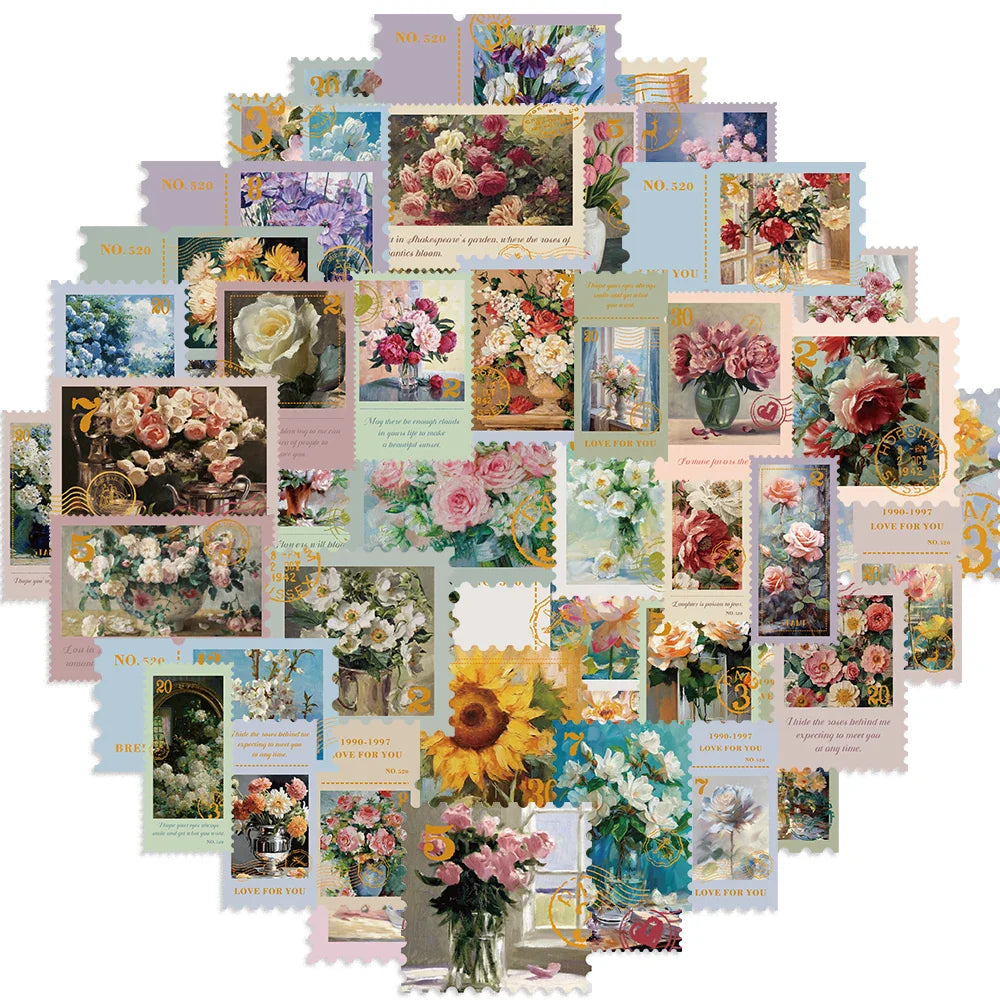 50Pcs Retro Flower Stamps Aesthetic Stickers Graffiti Decals for Scrapbooking Notebook Travel Luggage Bike Phone Sticker﻿ (ONLINE ORDER ONLY)