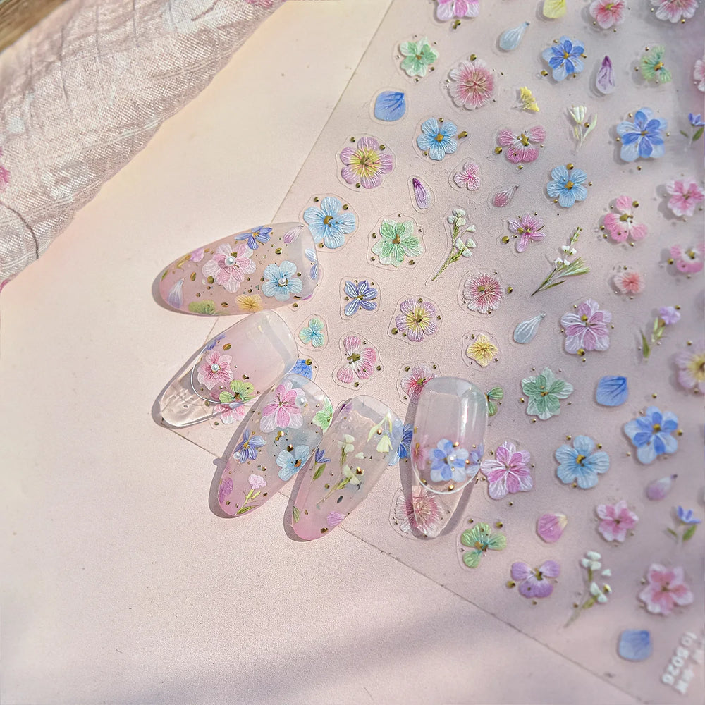 Colourful Dried Flower Petal Texture Peach Blossom Orchid Fragrant Bouquet 5D 3D Self Adhesive Nail Art Stickers Manicure Decals (ONLINE ORDER ONLY)