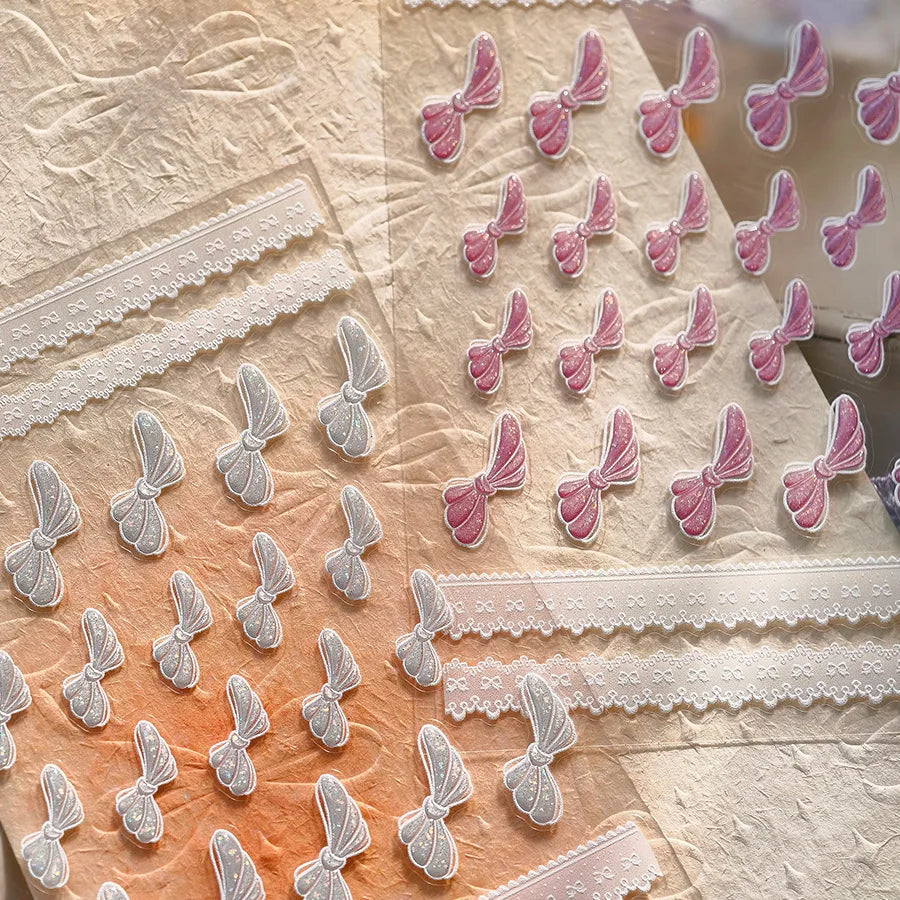 Pink White Bowknot Jelly Knot Lace Delicate Decorative Border Shiny 5D Self Adhesive Nail Art Stickers Manicure Decals Wholesale (Online Order Only)
