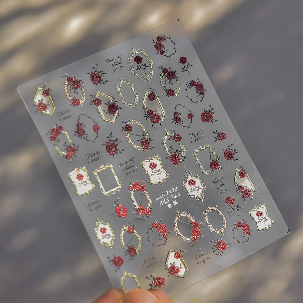 Metal Effect Rose Flower Pattern Totem Photo Frame Self Adhesive Nail Art Sticker Romantic Chic Wreath Rhinestone Manicure Decal (Online Order Only)