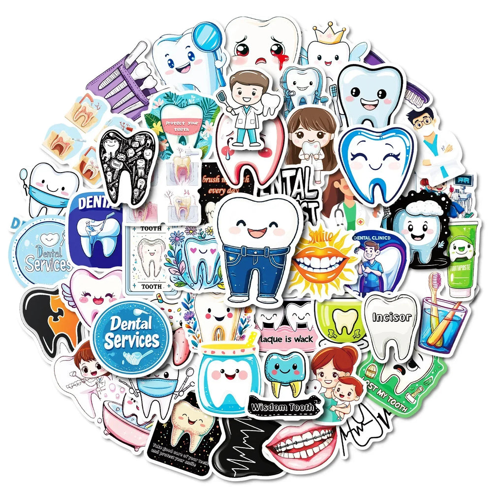 10/50pcs Cute Funny Teeth Care Protect Tooth Stickers Waterproof Graffiti Scrapbook Skateboard Laptop Motorcycle Vinyl Sticker (Online Order Only)