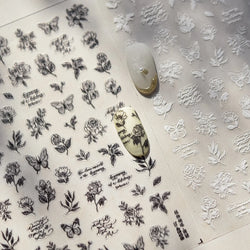 Flower Bowknot Butterfly Plant Leaf English Letter Rose Hand Drawn Embossed Relief Self Adhesive Nail Art Sticker Manicure Decal (ONLINE ORDER ONLY)
