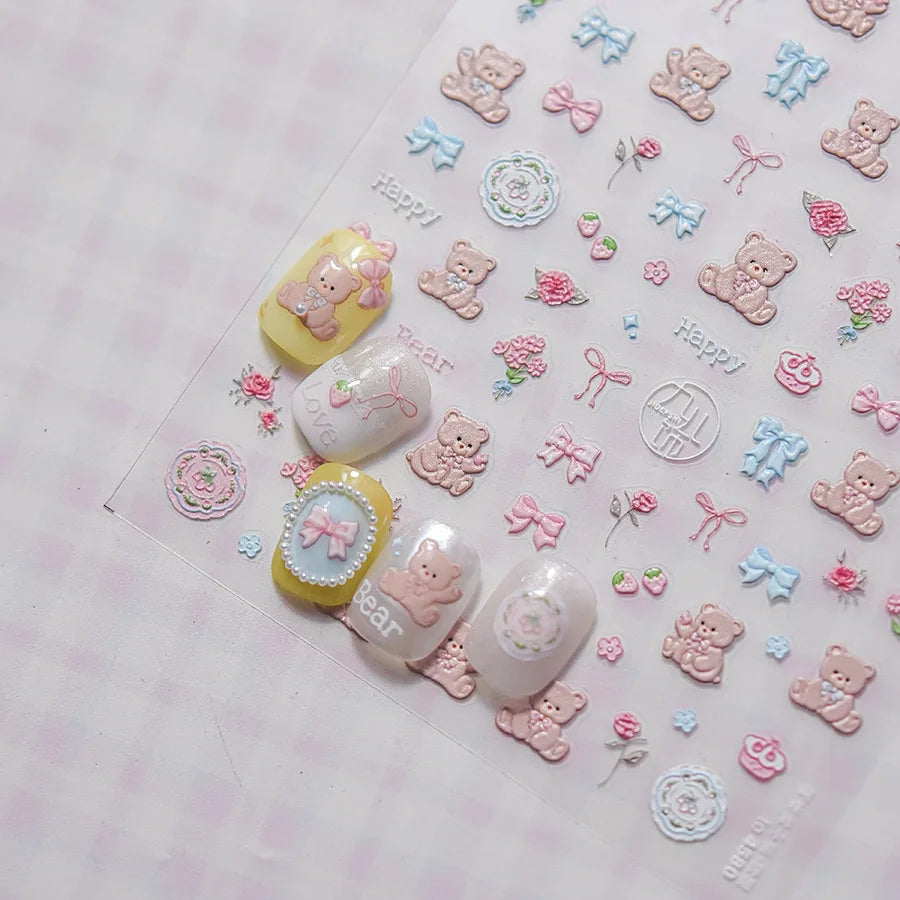 Charming Cherry's Cake Cute Bowknot Pink Blue Bear Flower Bouquet Strawberry Adhesive Nail Art Sticker Rhinestone Manicure Decal (Online Order Only)