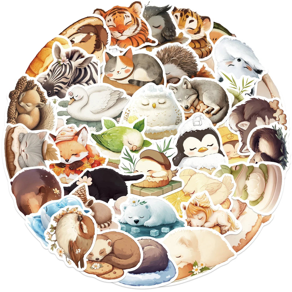 50pcs Sleeping Animals Cartoon Stickers Perfect for Scrapbooking Diaries Laptops Bumpers Water Bottles Computers Phones Sticker (Online Order Only)