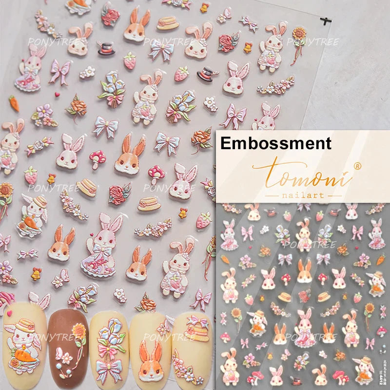 Rabbit Bunny Bear Flower Lace Bowknot Retro Frame Rose Self Adhesive Nail Art Decoration Stickers Chic Manicure Decals Wholesale (ONLINE ORDER ONLY)