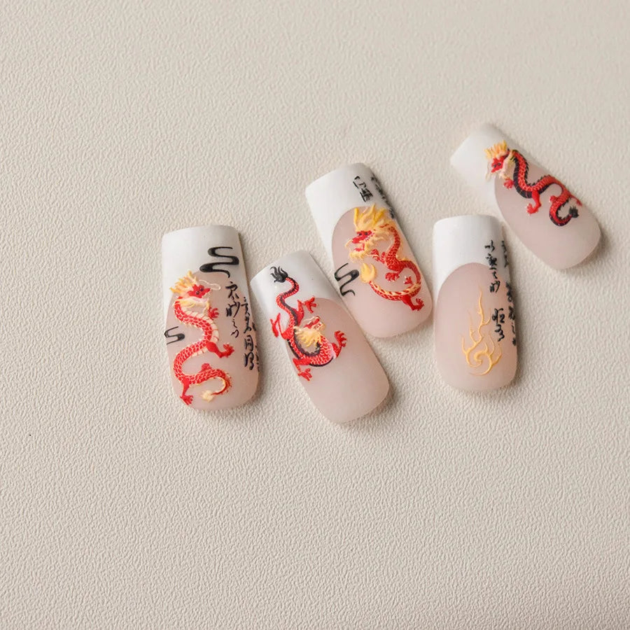 Retro Embroidered Dragon Red Pink Blue White Porcelain Chinese 3D Embossed Relief Self Adhesive Nail Art Stickers Manicure Decal (ONLINE ORDER ONLY)