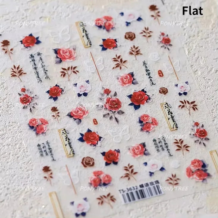 Watercolor Style Rose Flower Colored Rosa Chinensis 3D 5D Flat Reliefs Charming Self Adhesive Nail Art Stickers Manicure Decals (ONLINE ORDER ONLY)