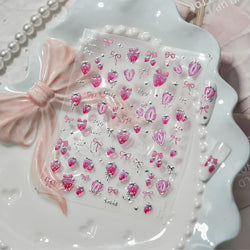 Cute Pink Tempting Strawberries Attractive Fruit Cutting Line Bowknot Star Silver Stamping Chic Nail Art Stickers Manicure Decal (ONLINE ORDER ONLY)