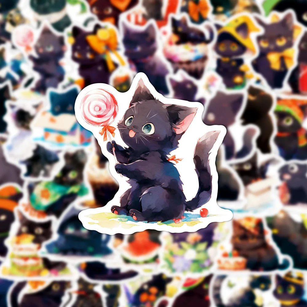 10/30/50PCS Kawaii Black Cat Sticker Funny Animal Decals Decoration DIY Suitcase Bike Phone Laptop Fridge Graffiti Kids Sticker (ONLINE ORDER ONLY)