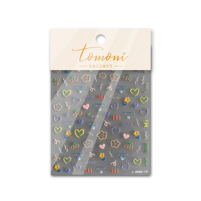 Cute Graffiti Cartoon Line Cherry Bear Cat Flower Bouquet Fish Boys Girls Strawberry Reliefs Nail Art Stickers Manicure Decals (ONLINE ORDER ONLY)