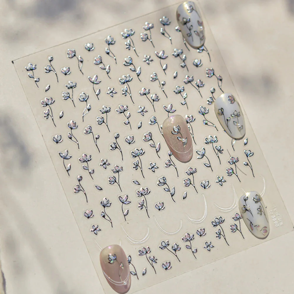 Mini Three Leaf Flower Magnolia Lotus Flower Stem Gradual Petal Line Arc Metal Sillver Delicate Nail Art Stickers Manicure Decal (Online Order Only)