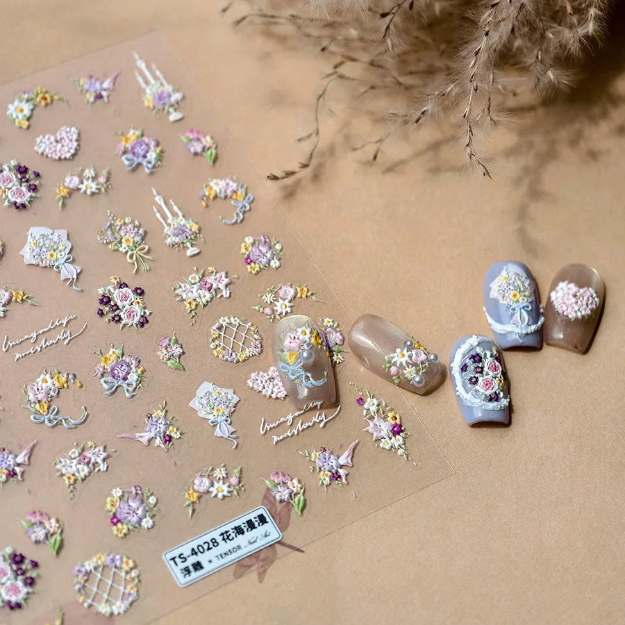 Romantic Flowers Bouquet Butterfly Rose Bowknot Candlestick Wreath Love Heart 5D Self Adhesive Nail Art Stickers Manicure Decals (Online Order Only)