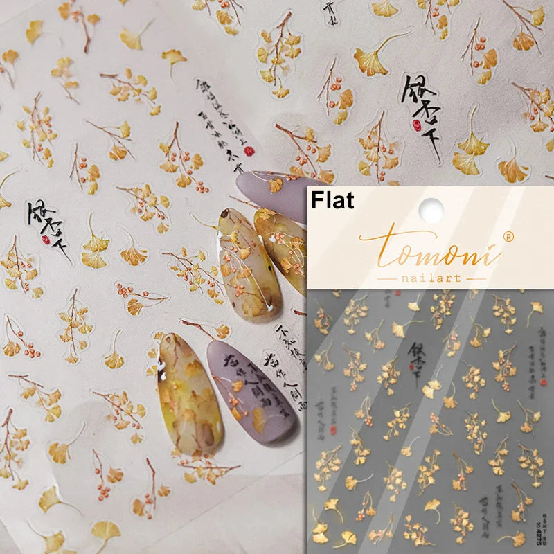 Autumn Fall Maple Leaves Ginkgo Leaf Osmanthus Chrysanthemums Rabbit Bunny Plant Flower Relief Nail Art Sticker Decoration Decal (ONLINE ORDER ONLY)