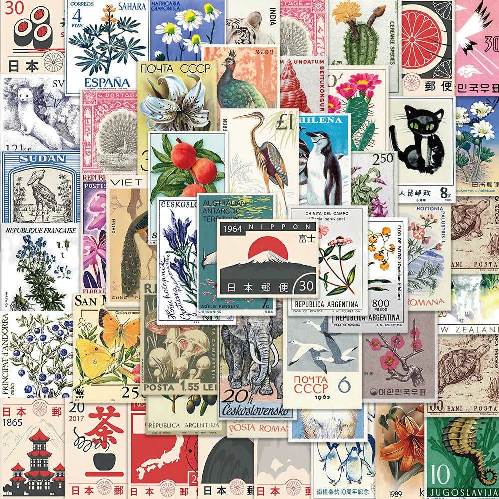 50pcs Retro Stamp Art Stickers Vintage Aesthetic Cartoon Decals For Laptop Luggage Skateboard Phone Sticker Kids Toys (ONLINE ORDER ONLY)