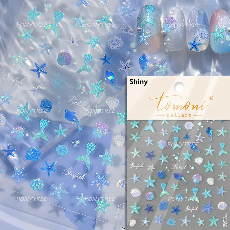 Jellyfish Schools of Fish Shoal Mermaid Tail Seahorse Dreamy Ocean Starfish Shell Coral Adhesive Nail Art Sticker Manicure Decal (ONLINE ORDER ONLY)