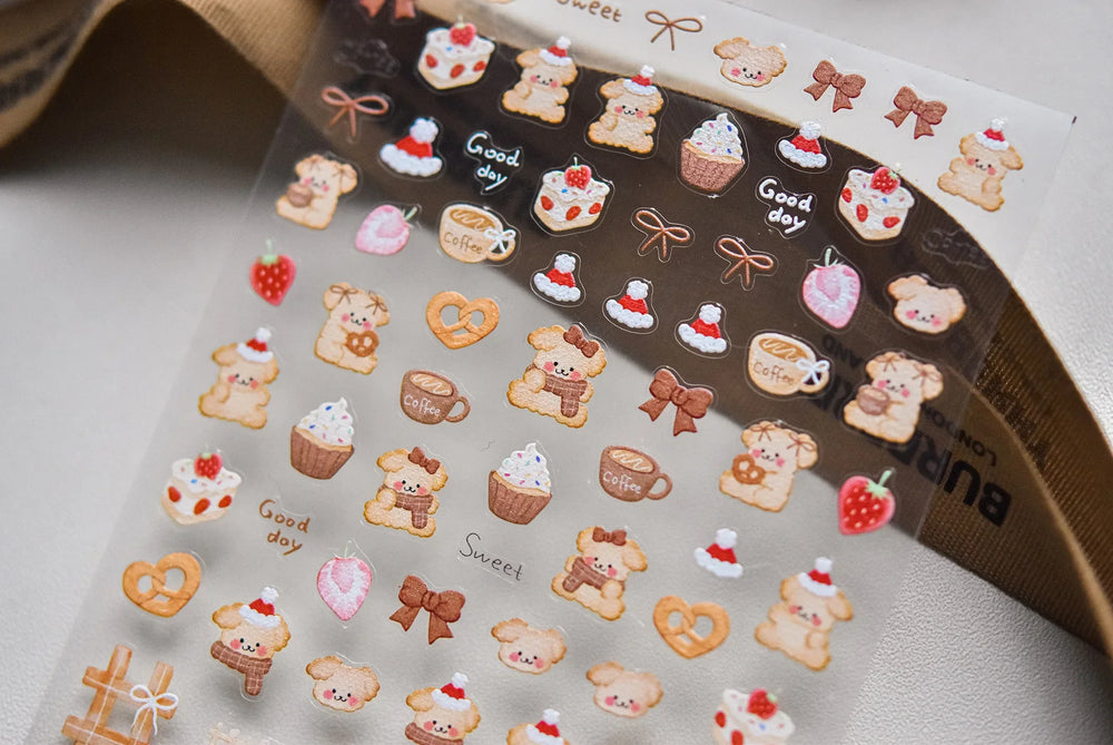 Bowknot Dog puppy Christmas Hat Strawberry Cake Food Coffee Cherry Love Heart Adhesive Nail Art Sticker Reliefs Manicure Decals (Online Order Only)