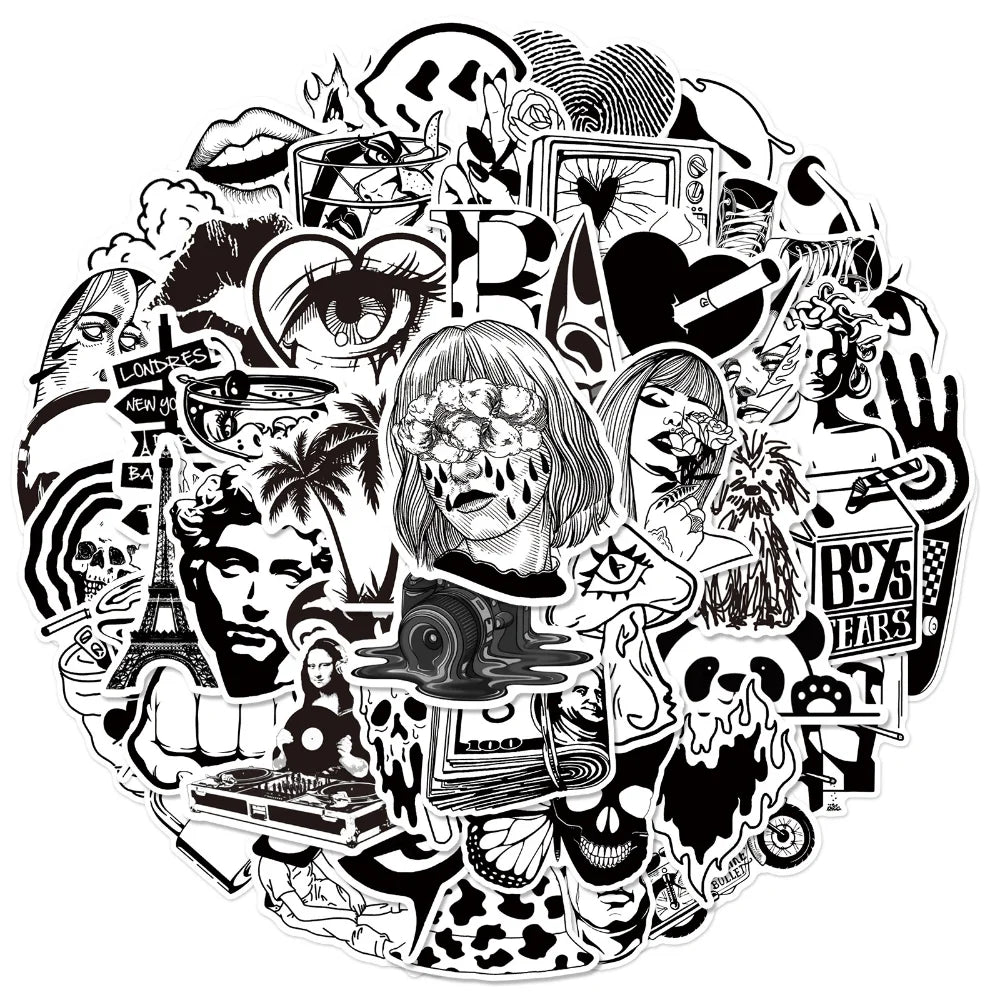 50pcs Graffiti Black and White Art Styling Stickers Laptop Luggage Phone Case Guitar Fridge Car Motorcycle Cool Ins Decals (Online Order Only)