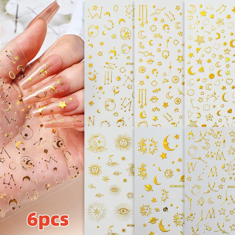 6pcs Mirror Silver Star 3D Nail Sticker Holographic Heart/Moon/Cross Design Self-Adhesive Decal Manicure Art Supplies Decoration (ONLINE ORDER ONLY)