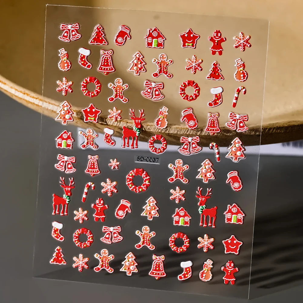 5D Embossed Gingerbread Man Nail Art Sticker Cute Christmas Winter Santa Claus Snowflake Elk Engraved Slider Manicure Decoration (ONLINE ORDER ONLY)