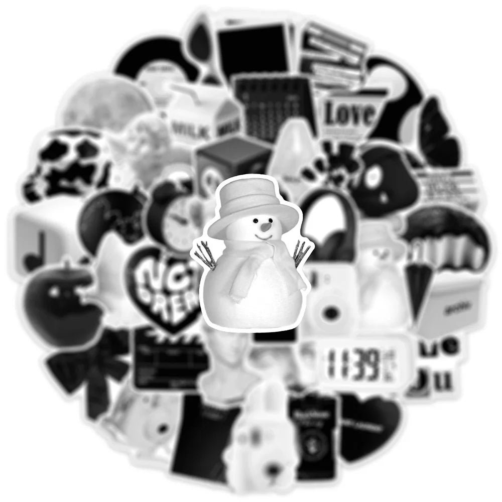 10/30/50PCS Ins Style Simple Black White Stickers Cute Decals DIY Phone Suitcase Luggage Fridge Helmet Graffiti Cartoon Sticker (ONLINE ORDER ONLY)
