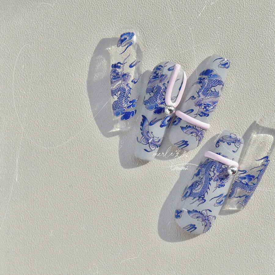 Retro Embroidered Dragon Red Pink Blue White Porcelain Chinese 3D Embossed Relief Self Adhesive Nail Art Stickers Manicure Decal (ONLINE ORDER ONLY)