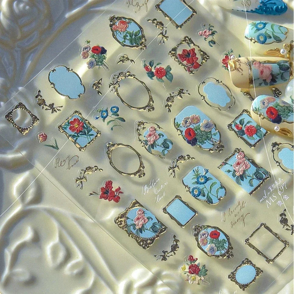 Retro Rose Gold Photo Frame Dried Flower Delicate Totem 3D Self Adhesive Nail Art Stickers 5D Shiny Rhinestone Manicure Decals (ONLINE ORDER ONLY)