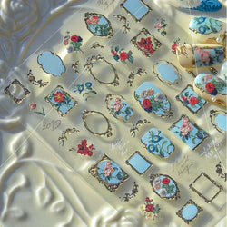 Retro Rose Gold Photo Frame Dried Flower Delicate Totem 3D Self Adhesive Nail Art Stickers 5D Shiny Rhinestone Manicure Decals (ONLINE ORDER ONLY)
