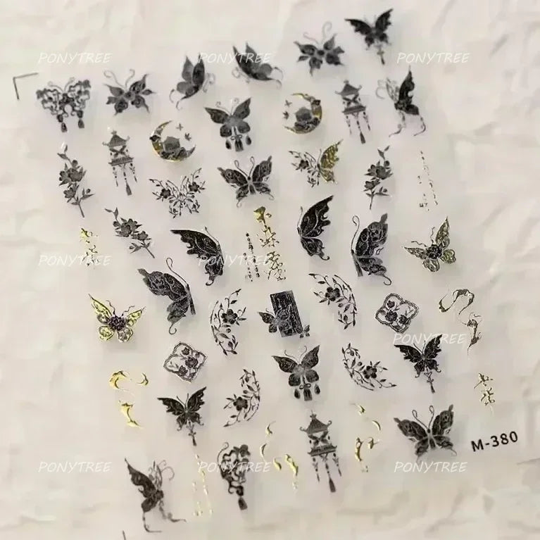 Charming Delicate Sapphire Color Blue Black Stroke Butterfly Jelly Relief Rhinestone Adhesive Nail Art Stickers Manicure Decals (Online Order Only)