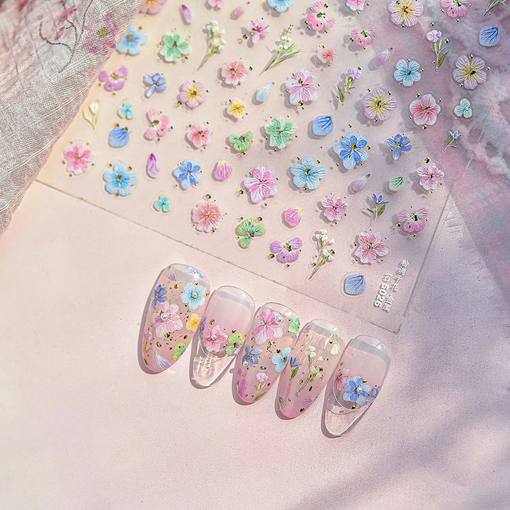 Colourful Dried Flower Petal Texture Peach Blossom Orchid Fragrant Bouquet 5D 3D Self Adhesive Nail Art Stickers Manicure Decals (ONLINE ORDER ONLY)