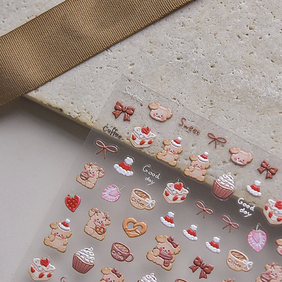 Bowknot Dog puppy Christmas Hat Strawberry Cake Food Coffee Cherry Love Heart Adhesive Nail Art Sticker Reliefs Manicure Decals (Online Order Only)