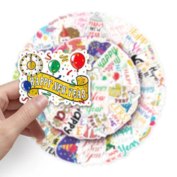 50PCS Cute Happy New Year Stickers DIY Scrapbook Diary Stationery Luggage Decorative Cartoon Sticker Kids Toys (Online Order Only)