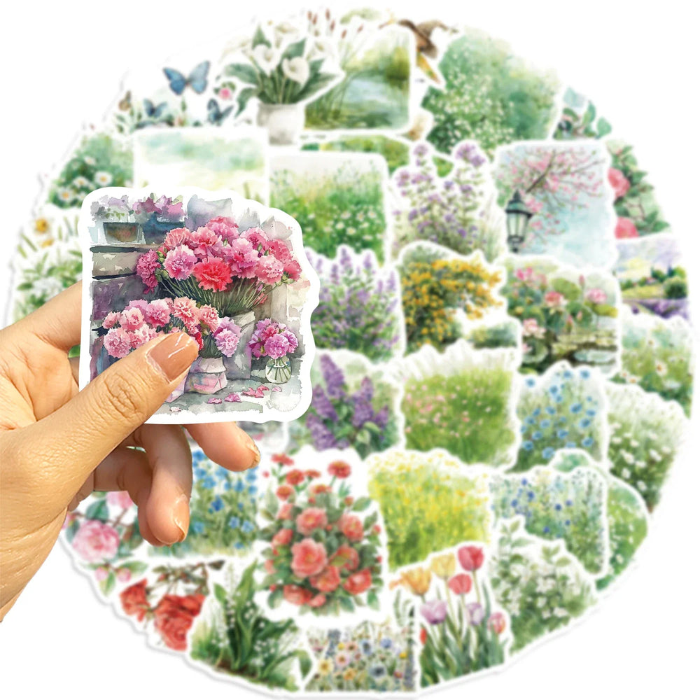 50pcs Watercolor Summer Flower Stickers Laptop Suitcase Graffiti Skateboard Luggage Waterproof PVC Stickers Kids Gift Toys (Online Order Only)