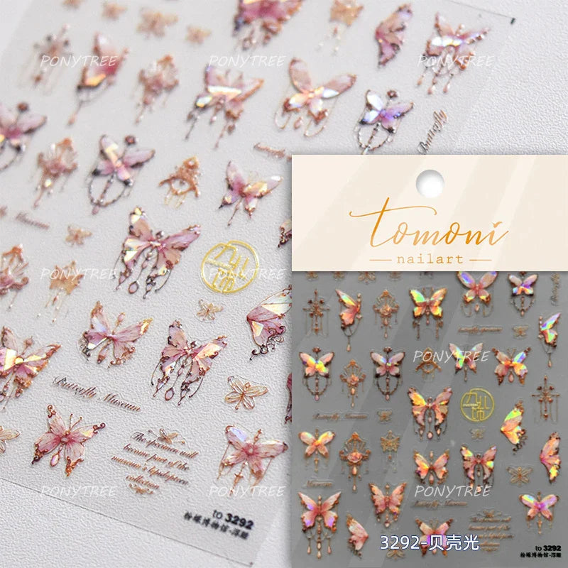 Chic Butterfly Flower Lily Lilium Narcissus Line Beautiful Blue Pearl Self Adhesive Nail Art Stickers Decorations Manicure Decal (Online Order Only)