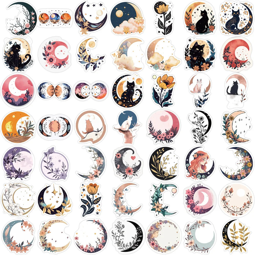 50Pcs Boho Moon Flowers Cartoon Stickers Black Cat Car Guitar Motorcycle Luggage Suitcase DIY Classic Toy Funny Sticker Gift (ONLINE ORDER ONLY)