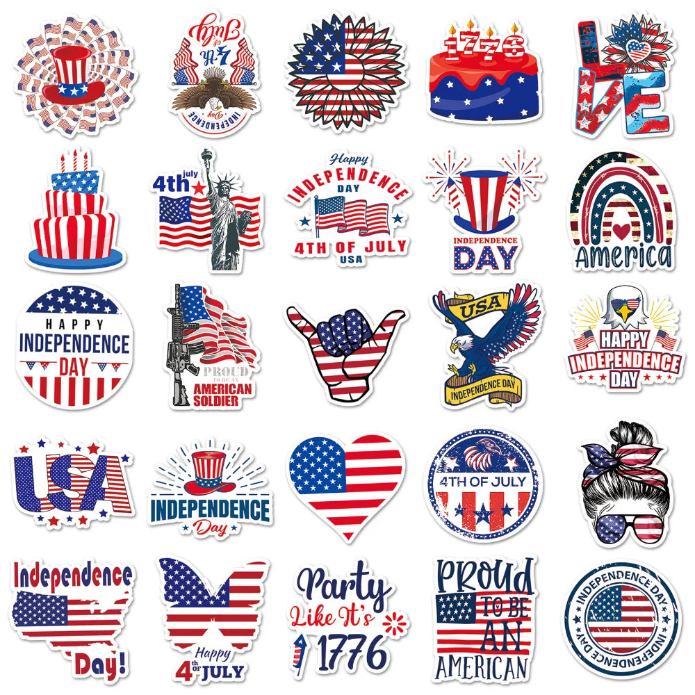 10/50Pcs American Flag Independence Day Cool Stickers Laptop Guitar Luggage Phone Waterproof Graffiti Sticker Decal Kid Toys (ONLINE ORDER ONLY)