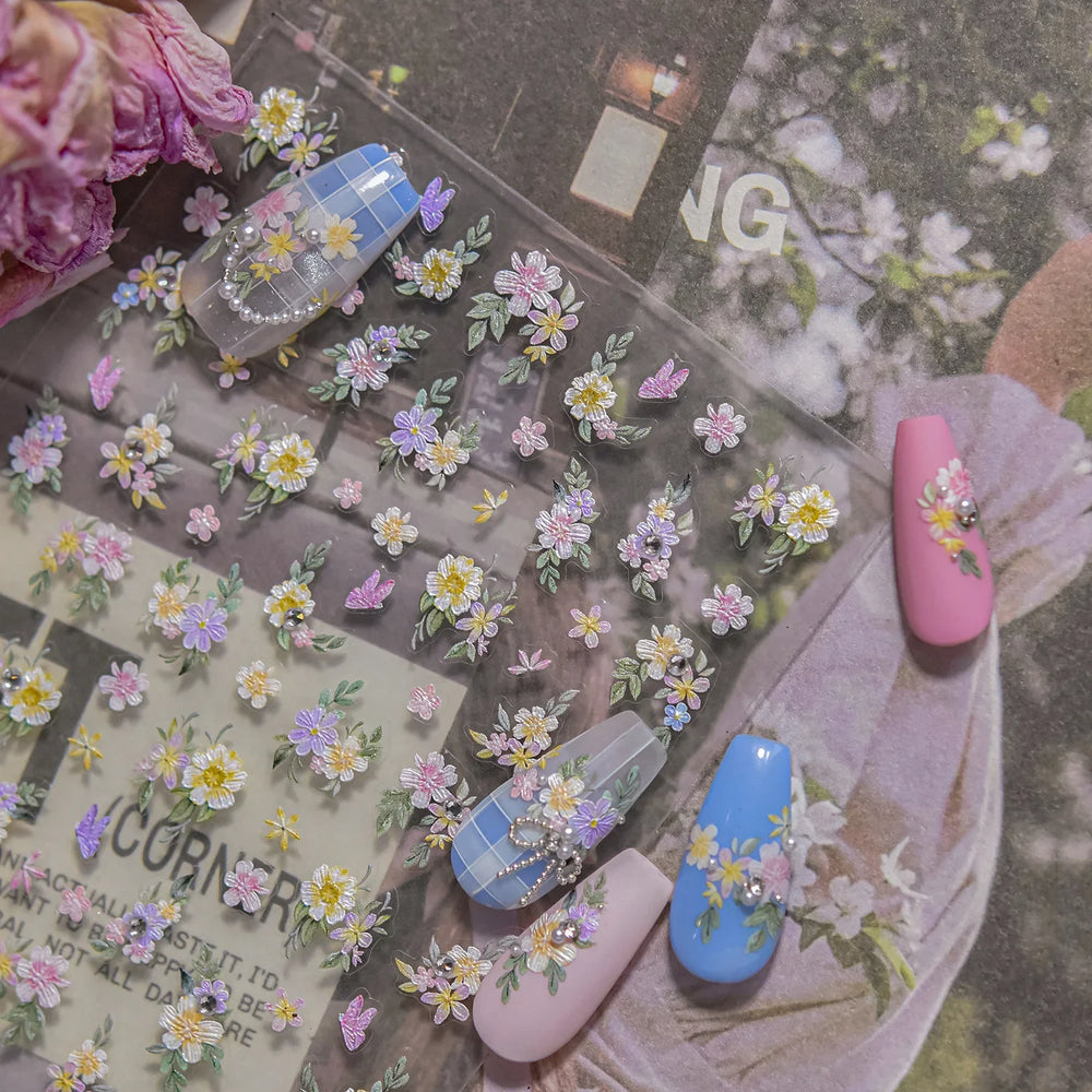 Flower Garden Purple Yellow Pink Daisy Butterfly Delicate 5D Soft Relief Adhesive Nail Art Decoration Sticker 3D Manicure Decals (ONLINE ORDER ONLY)